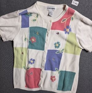 Alfred Dunner Medium Cardigan Multi Color Patchwork Embroidered Bees Flowers